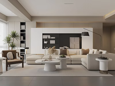 Modern Living Room Interior Design With White Sofa Round Coffee Tables Floor Lamp And Neutral Tones 3d model