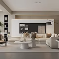 Modern Living Room Interior Design With White Sofa Round Coffee Tables Floor Lamp And Neutral Tones