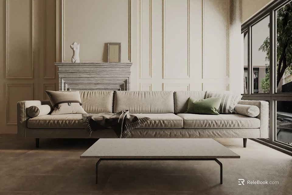 Cozy Three Seater Sofa With Pillows Blanket And Coffee Table In Modern Living Room 3d model 