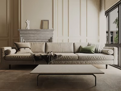 Cozy Three Seater Sofa With Pillows Blanket And Coffee Table In Modern Living Room 3d model
