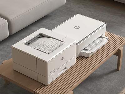 Two White HP Office Printers Placed On Wooden Table For Office Use Setup 3d model