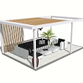 Outdoor Pergola With White Frame Wooden Slatted Roof Black Sofa And Green Plants