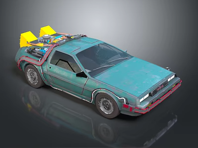 Vintage Teal Car With Yellow Roof Equipment Retro Design And Distinctive Wheels 3d model