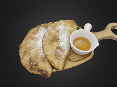 Fluffy Cat Near Wooden Plate With Pasty And Honey Dip On Black Background 3d model