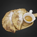 Fluffy Cat Near Wooden Plate With Pasty And Honey Dip On Black Background