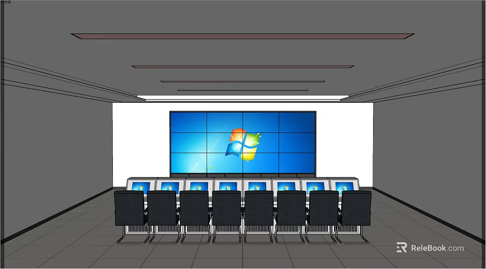Monitoring Room Interior Design With Multiple Display Screens Control Consoles And Chairs 3d model 