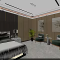 Modern Hotel Guest Room With Wooden Walls Bed Nightstand Table Lamp And Tile Flooring
