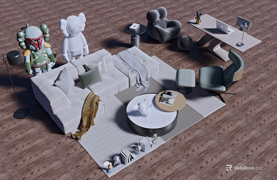 Modern White Sofa and Round Coffee Table Set With Pillows Rug and Decorative Items 3d model 