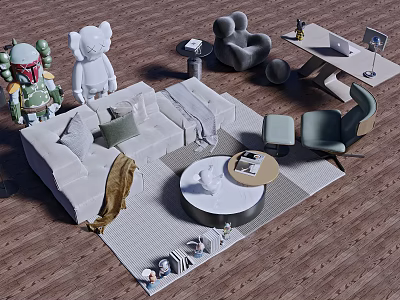 Modern White Sofa and Round Coffee Table Set With Pillows Rug and Decorative Items 3d model