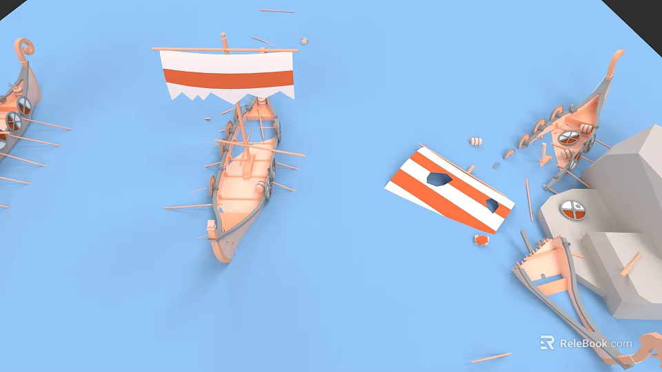 Vintage Wooden Boat With Red White Striped Flags And Broken Pieces On Blue Backdrop 3d model 
