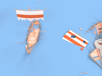 Vintage Wooden Boat With Red White Striped Flags And Broken Pieces On Blue Backdrop 3d model
