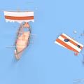 Vintage Wooden Boat With Red White Striped Flags And Broken Pieces On Blue Backdrop