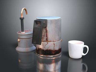Vintage Metal Kitchen Appliances With Copper Accent Coffee Maker And White Mug 3d model