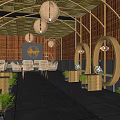 Traditional Asian Restaurant Interior With Bamboo Structure Hanging Lanterns And Dining Tables 3d model
