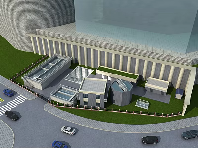 Modern Multi Story Office Building With Glass Facade And Green Grass Area 3d model