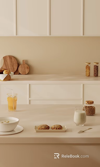 Cozy Kitchen Counter Featuring Bread Wooden Cutting Boards Beans Jars Orange Juice And Milk 3d model 