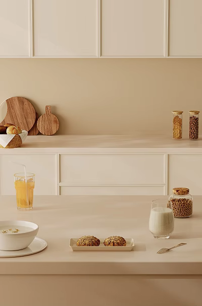Cozy Kitchen Counter Featuring Bread Wooden Cutting Boards Beans Jars Orange Juice And Milk 3d model