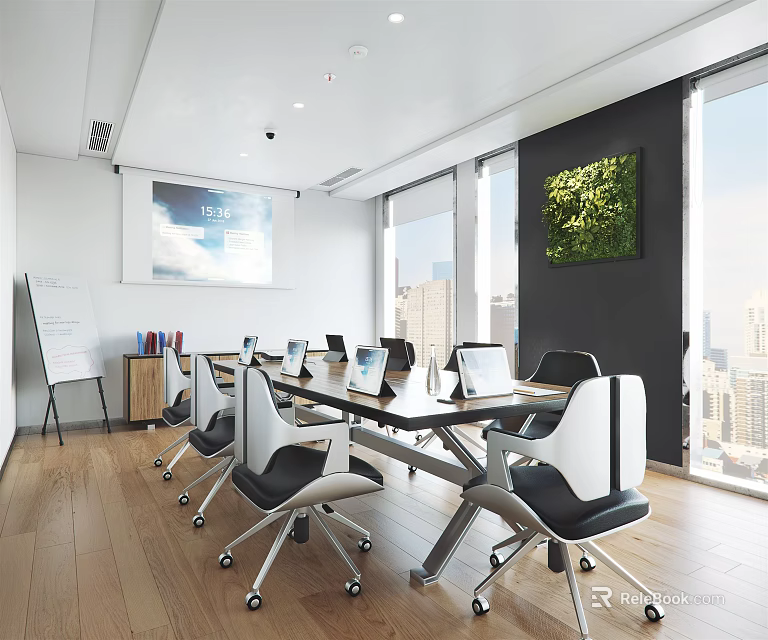 Modern Conference Room With Long Table Laptops Chairs Large Windows City View Living Plant Wall 3d model 