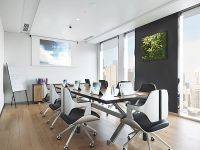 Modern Conference Room With Long Table Laptops Chairs Large Windows City View Living Plant Wall 3d model