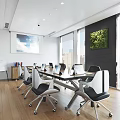 Modern Conference Room With Long Table Laptops Chairs Large Windows City View Living Plant Wall