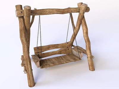 Natural Wooden Playground Swing Set With Log Frame And Hanging Chain Seat 3d model