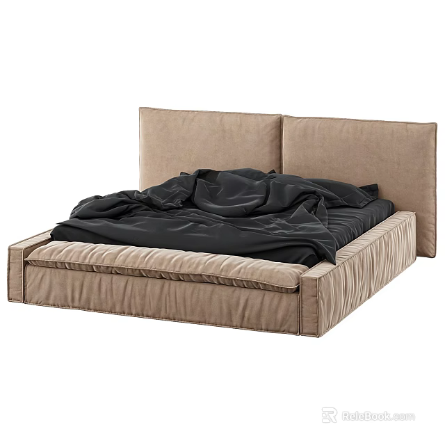 Simple Design Double Bed With Beige Headboard And Black Quilt 3d model