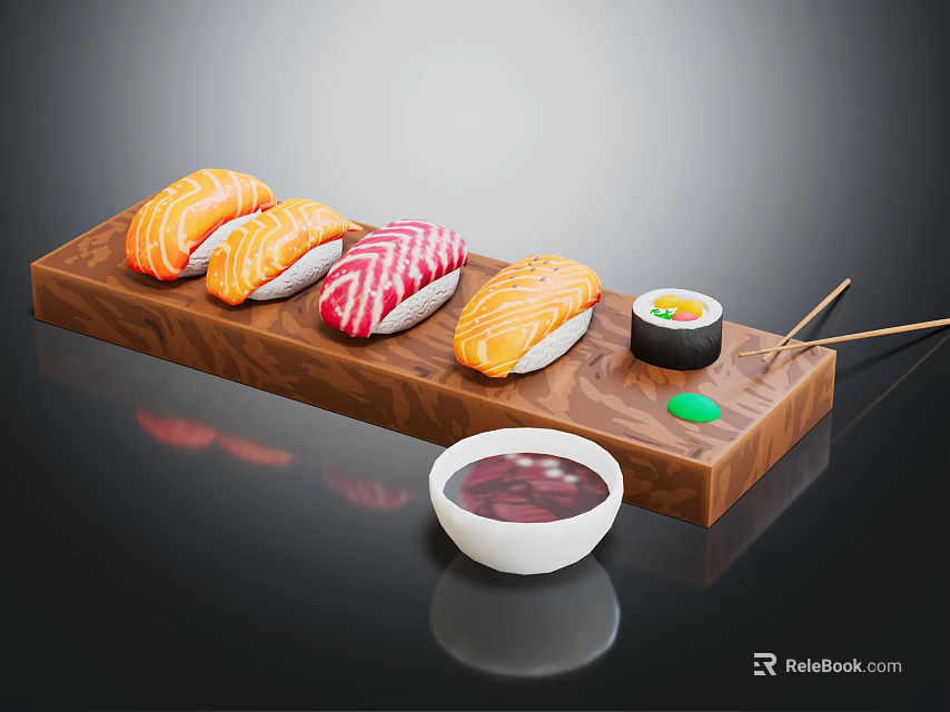 Assorted Fresh Sushi on Wooden Platter with Chopsticks and Soy Sauce Bowl 3d model 
