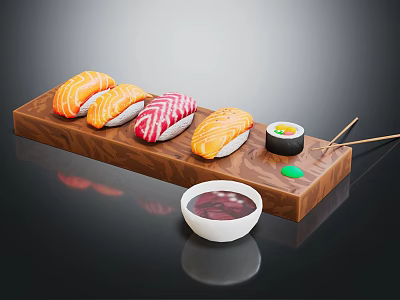 Assorted Fresh Sushi on Wooden Platter with Chopsticks and Soy Sauce Bowl 3d model
