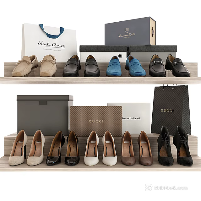 Trendy Gucci Shoes Featuring Loafers High Heels On Shelves With Branded Boxes And Shopping Bags 3d model 