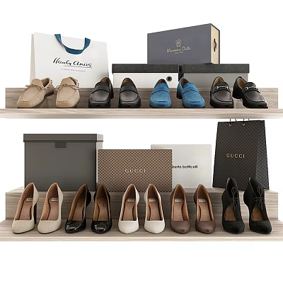 Trendy Gucci Shoes Featuring Loafers High Heels On Shelves With Branded Boxes And Shopping Bags 3d model