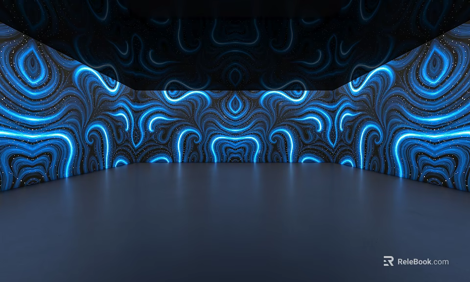 Futuristic Tech Exhibition Hall With Blue Glowing Curves Dark Floor And Flowing Light Effects 3d model 