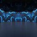 Futuristic Tech Exhibition Hall With Blue Glowing Curves Dark Floor And Flowing Light Effects