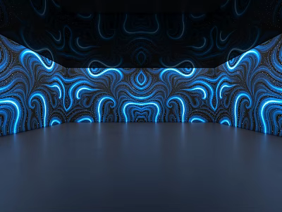 Futuristic Tech Exhibition Hall With Blue Glowing Curves Dark Floor And Flowing Light Effects 3d model