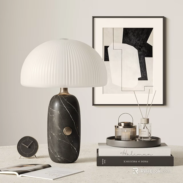 Modern Table Lamp With White Pleated Lampshade And Black Marble Base In Minimalist Room Decor 3d model 