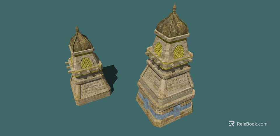 Two Ancient Stone Towers With Dome Tops Yellow Windows And Decorative Base 3d model 