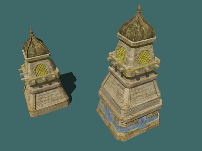 Two Ancient Stone Towers With Dome Tops Yellow Windows And Decorative Base 3d model