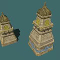 Two Ancient Stone Towers With Dome Tops Yellow Windows And Decorative Base