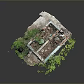 Abandoned Building Ruins With Broken Walls Peeling Paint Tree Stump And Green Plants