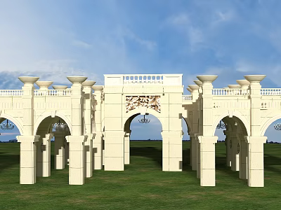 Classical Entrance Gate With Arched Columns Carved Details And Ornate Top On Green Lawn 3d model