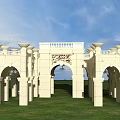 Classical Entrance Gate With Arched Columns Carved Details And Ornate Top On Green Lawn