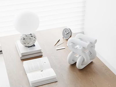 Modern Decorative Ornament Combination With White Spherical Lamp Books Clock Geometric Sculpture On Wooden Table 3d model