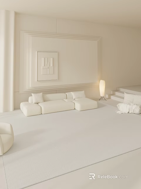 Modern Minimalist Living Room Interior With White Sofa Decorative Artwork And Floor Lamp 3d model 