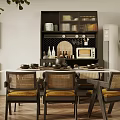 Modern Restaurant Interior With Dining Table Rattan Chairs Cabinet And Green Plant