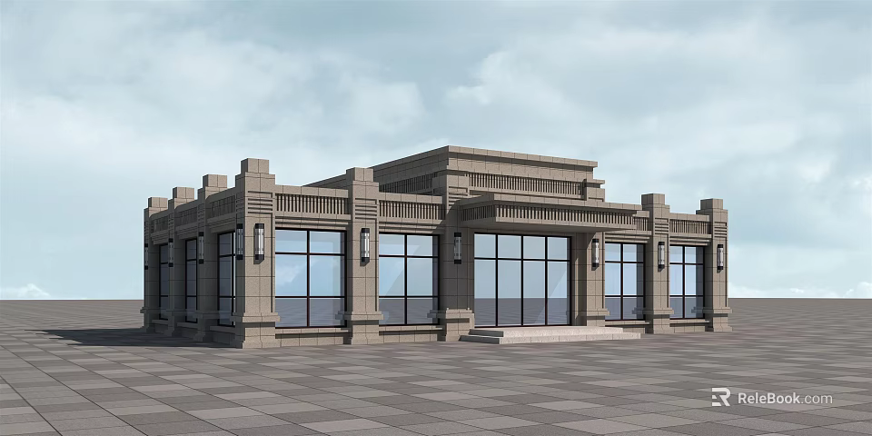 Modern Sales Office Building With Stone Facade Large Glass Windows And Symmetric Design 3d model 
