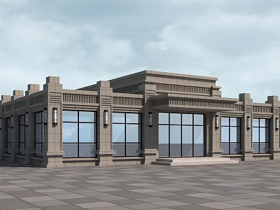Modern Sales Office Building With Stone Facade Large Glass Windows And Symmetric Design 3d model