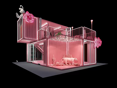 Pink Container House Design With Balcony Staircase Decorative Flowers And Interior Elephant Sculpture 3d model