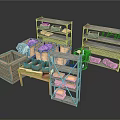 Wooden Shelves With Baskets And Crates For Retail Display Items Storage Tables