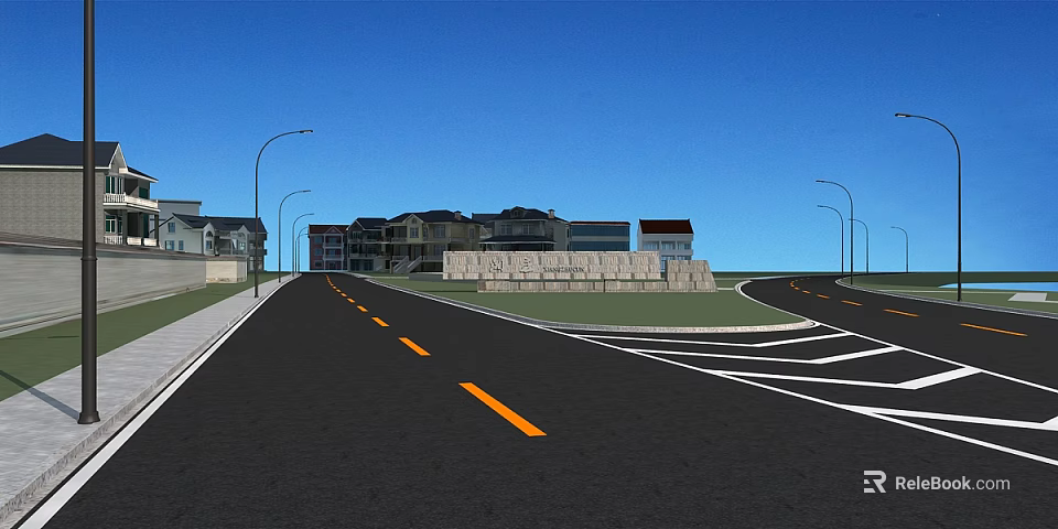 Urban Road Infrastructure With Asphalt Pavement Yellow Lane Markings Street Lamps And Buildings 3d model 