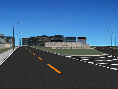 Urban Road Infrastructure With Asphalt Pavement Yellow Lane Markings Street Lamps And Buildings 3d model