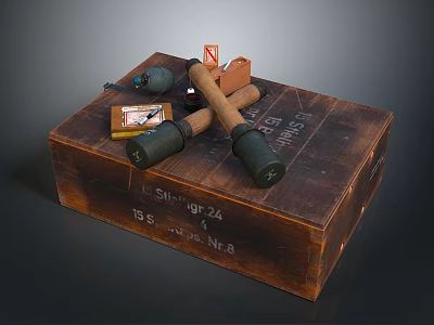 Military Grenades Crossed On Old Wooden Crate With Vintage Labels And Storage Markings 3d model